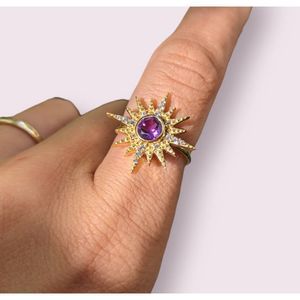 14k gold over silver CZ Sunburst with Amethyst Ring Size 8